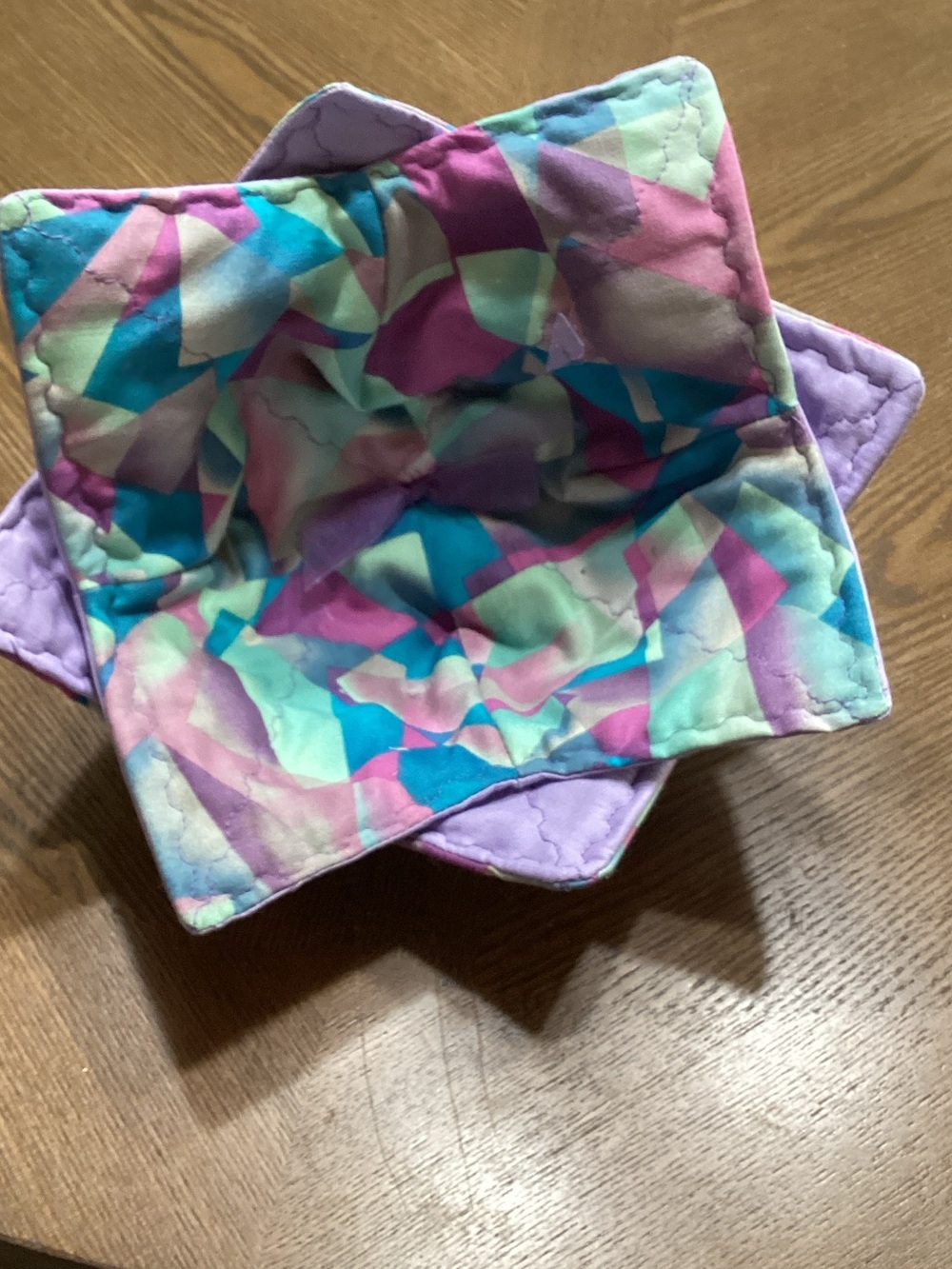 Hand Crafted Star-Shaped Quilted Fabric Bowl - Purple, Teal, Pink, Mint